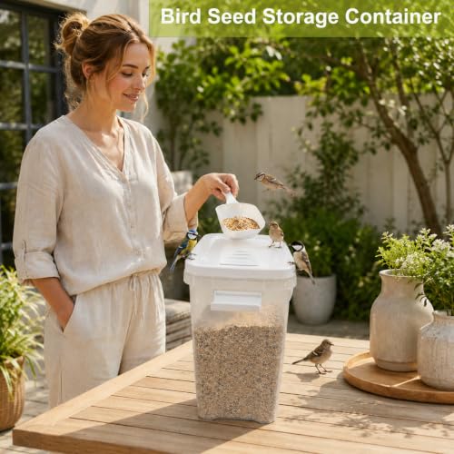 5-10 Lbs Airtight Cat Dog Food Storage Container, 8QT Compact Pet Food Bin | Plastic Food Container with Buckle-Lock Lid & Scoop for Dog, Cat, Bird Seed, Pet Food, Chicken, Dry Food, Rice, Cereal, Flour - color: Bright White
