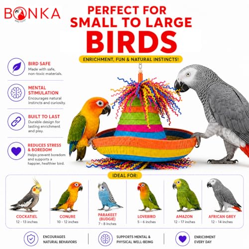 Bonka Bird Toys 2198 Pinata Hat 10" x 6" Cardboard Hat Shreddy Paper Wood Beads Straw for Conures Quakers Senegals Caiques Medium Birds Shreddable Cage Toy - size: Pack of 1