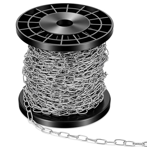 50ft Galvanized Steel Hanging Jack Chain 1/16" Silver Metal Link Chain Roll Spool for Light Fixture, Overhead Lights, Artworks, Bird Feeders, Dog Leashes, Signs, DIY Projects(1.5mm with Spool)