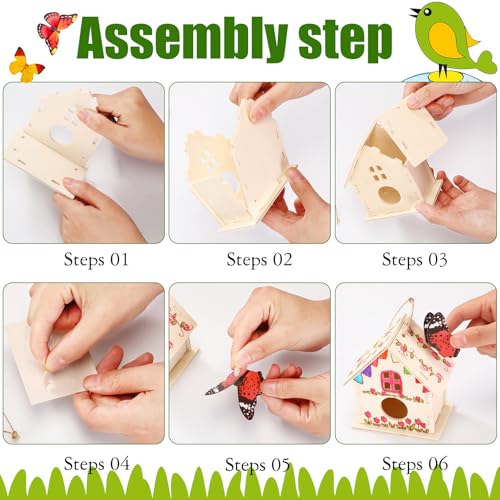 Sawysine 93 Pcs DIY Birdhouse Kits for Kids to Build, 36 Wooden Bird House 6 Shapes and 57 Butterfly Sticker for Children Summer Craft Activity Art Project DIY(Round Entrance) - style: Round Entrance