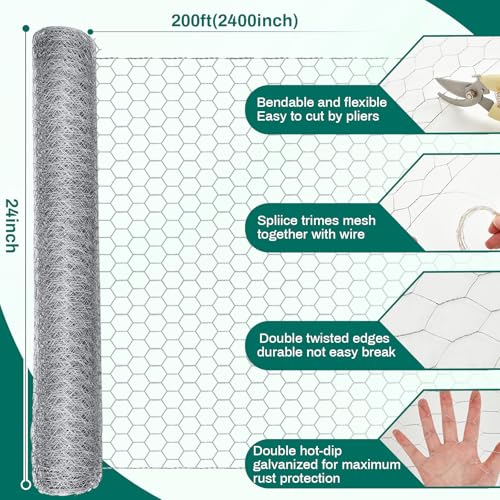 GlikCeil 24 in x 200 ft Chicken Wire Fencing Metal Floral Chicken Wire Mesh for Crafts Poultry Garden, 1 Inch Hexagonal Galvanized Hardware Cloth Netting for Poultry Coop Barrier Rabbit Cage (Silver) - color: Silver, size: 24 in X 200 ft