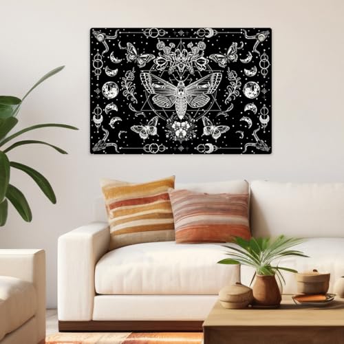 Gothic Death Moth Black and White Tapestry Banner Flag 28.5x20 Inch | Celestial Moon & Floral Wall Decor for Bedroom Living Room Dorm Witchy Space,Perfect Gifts for Goth Fans Dark Aesthetic Lover - color: Multi 0666