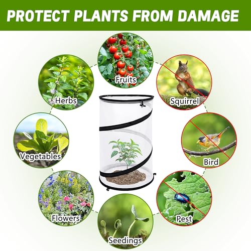4 Pcs Pop Up Insect Barrier Plant Cover Net, 19.6" x 11.8" Round Foldable Plant Protectors Mesh Plant Enclosure, Garden Net Cage Guard Cover with Stakes & Carry Bag for Protect Plants from Bird Insect