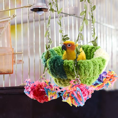 Bird Nest,1 PCS Parrot Hanging Swing Hammock Parrot Breeding Nest Bed Bird Cage House for Budgies Parakeets Cockatiels Lovebirds Conures with A Cleaning Brush(Green)