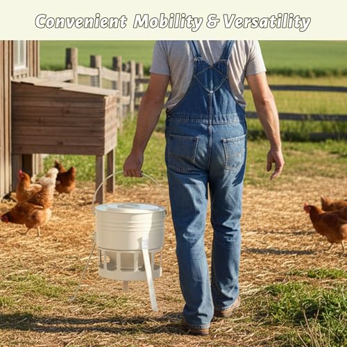 KOL Metal Chicken Feeder - 20lbs No Waste Chicken Feeder with 12 Ports, Powder Coated Rust-Proof Design & Smooth Edges for Safe Feeding (Jade White) - color: Jade White