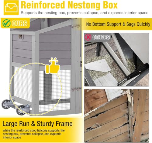Aivituvin Mobile Chicken Coop with Wheels, 82.4" for 4-6 Hens(Grey) | 2 large nesting boxes with reinforced bottom keep eggs safe from raccoons and dogs Leak-resistant asphalt roof - color: Grey, size: 82.4"L x 26.0"W x 44.0"H