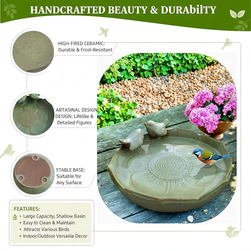 Large Ceramic Bird Bath Bowl Only, 10" Shallow Ground Bird Bath, Handmade Ceramic Birdbath Bowl for Outdoors, Wildlife Water Bowl for Outside, Garden, Tabletop, Balcony and Lawn - size: Shallow 9.8x3