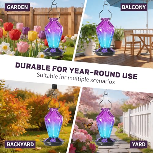 2 Pack Glass Hummingbird Feeder for Outdoors Hanging, 25Oz Humming Bird Nectar Feeder, Perch, 5 Flower Feeding Ports, Leak Proof Base, Hook for Outside Garden Backyard, Diamond Purple - color: Diamond Purple-2