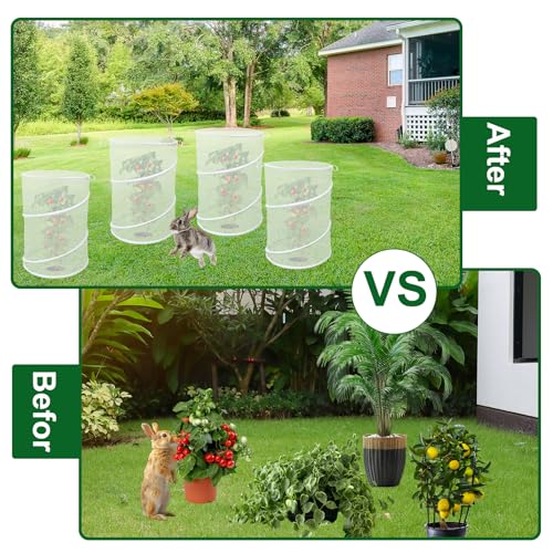 4 Pack Pop up Plant Covers Tent from Animals, 20"H X 13"D Insect Barrier Mesh Plant Guard Cover Net White Garden Plant Protectors Mini Greenhouse Plant Protection Cage with Stakes for Outdoor Plants - color: White