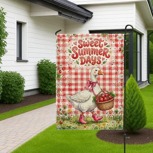 Goose Garden Flag, Summer Playful Strawberries Basket Summer Red Double Sided Burlap Decorative Outside Flags for Outdoor Patio Lawn Porch Entrance Campsite 12x18 Inch - size: 12x18 Inch