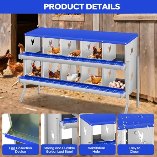 Garvee Chicken Nesting Box, 10 Compartments Nesting Box for Chickens, Galvanized Steel Chicken Laying Box for Easy Egg Collection, Wall Mounting - color: Blue | 10 Compartment+legs
