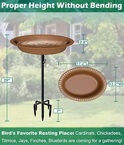 29 Inch Height Oval Shape Bird Bath for Outdoors, Detachable 5-Prong Birdbath Bowl Spa & Birdfeeder with Metal Stake Stand for Outside Garden, Brown - color: Brown