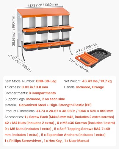 VEVOR Chicken Nesting Boxes, 8 Compartments, with Support Legs, Easy Egg Collection, Galvanized Steel and High-Strength Plastic, Roll Away Nesting Boxes for Chickens and Hens Laying Eggs, Orange - size: 41.7"L x 20.7"W x 39.0"H