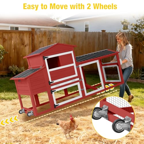 Aivituvin 83in Chicken Coop Mobile Hen House Outdoor Wooden Poultry Cage with Wheels Nesting Box Run for 4-6 Chickens Red - color: Red, size: 83.3"L x 26.0"W x 42.0"H