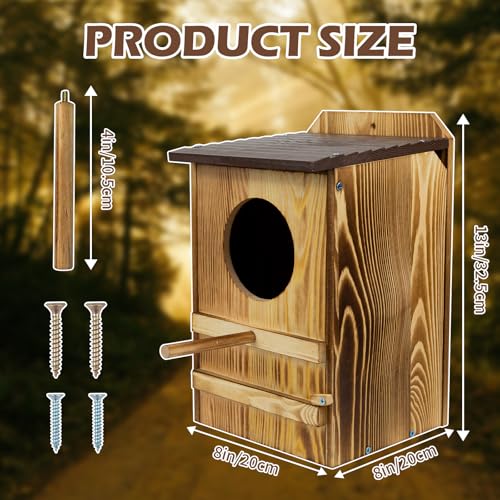 8'' x 13'' Owl House for Outdoor, Screech Owl House, Bird Box Large Handmade Wooden Circular Opening Screech Box for Outside with Mounting Screws and A Bag of Wood Shavings