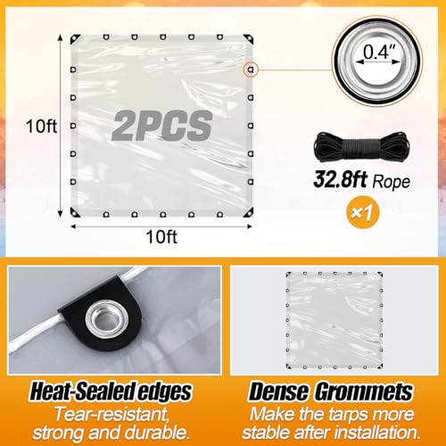 10x10ft Anti-Tear Clear Tarp Waterproof - 2pcs Windproof Poly Tarpaulin, Heavy Duty Transparent Enclosure with Grommets for Covering Chicken Coops Greenhouse Garden Plants - size: 10x10ft