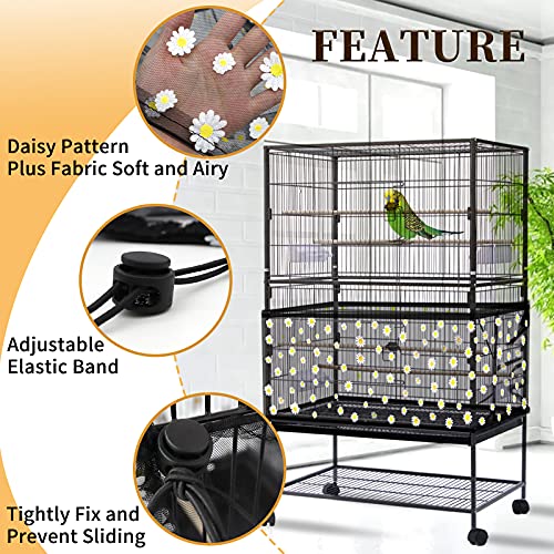 Daoeny Large Bird Cage Cover, Bird Cage Seed Catcher, Adjustable Soft Nylon Mesh Net with Daisy Pattern, Birdcage Cover Skirt Seed Guard for Parrot Parakeet Macaw Round Square Cages (Black) - color: Black, Daisy Design