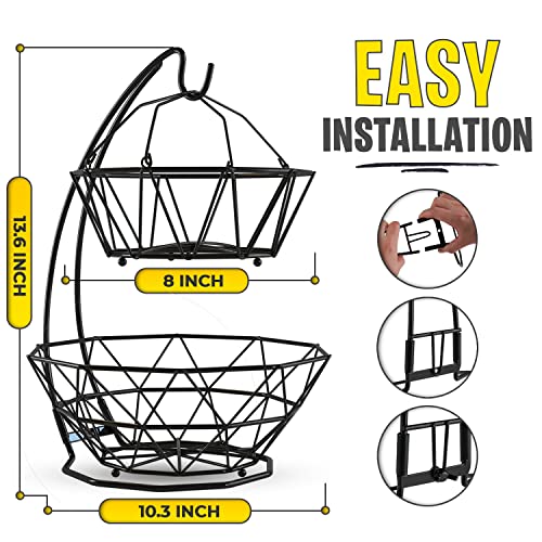 Fruit Basket with Banana Hanger and Fruit Bowl. Kitchen Counter Fruit Bowl with Banana Holder used as Bread, Vegetable or Produce Basket, Egg Holder, 2 Tier - size: 2-Tier