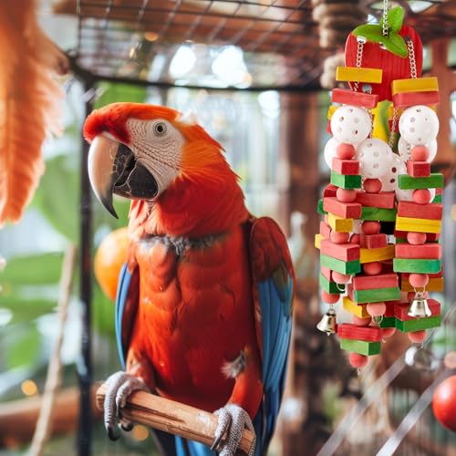 Seenelling 3 Pcs Extra Large Bird Toys for Parrots, Block and Rope | Multicolored Natural Wooden Blocks & Beads Bells, Bird Cage Chewing Toys for Large Medium Macaws African Grey Cockatoos - style: Block and Rope