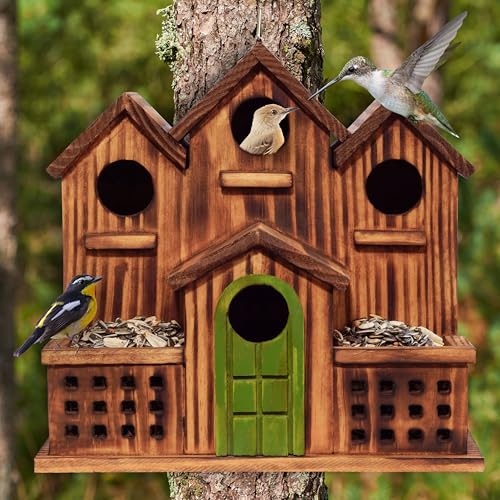 MIXUMON Bird House Outdoor with Feeder, 6-Room Wooden Birdhouse for Outdoors & Outside, Carbonized Pine Wood Bird Houses with 1.57” Entrance & Easy Clean-Out Doors (Green Door) - color: Green Door