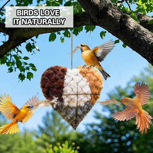 2026 Spring Handmade Fiber Bird Nesting Heart, Nesting Material Holder with Nesting Material, Wild Bird & Hummingbird Winter Shelter, Outdoor Birdhouse & Nest Box, Garden Gift for Bird Lovers