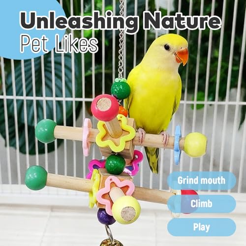 2 Pcs Parakeet Toys, Natural Wood Spinner with Bells, Hanging Cage Accessories for Small Moderate Birds to Relieve Boredom and Anxiety