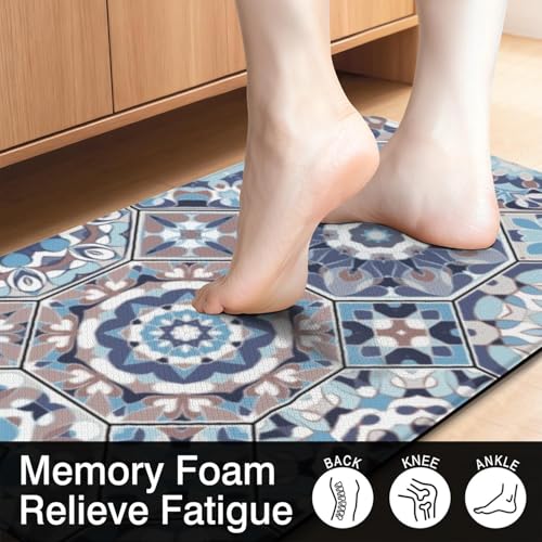 Farmhouse Boho Anti Fatigue Kitchen Mats, 17.3"x47"+17.3"x29", Blue | Cushioned Non Slip Memory Foam Waterproof, Vintage Kitchen Decor Rugs for Floor, Set of 2 for Sink Laundry Office - color: Blue Vintage