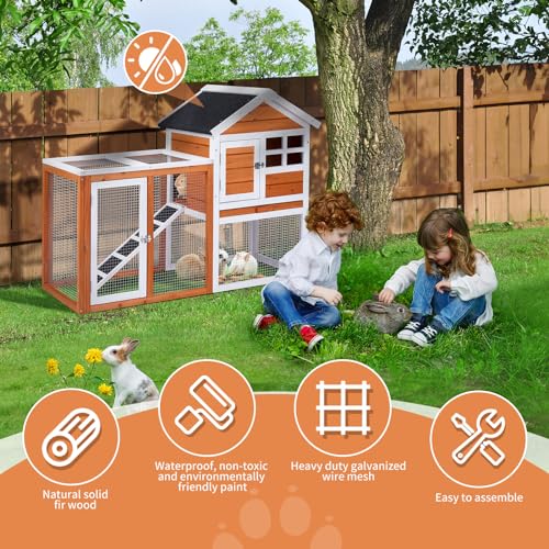 Outvita Rabbit Hutch, Small Wood Chicken Coop, 48" w/Pull-Out Tray | Guinea Pig Cage , Waterproof Asphalt Roof, Chicken Run, Interactive Door for Small Animal Pen Outdoor