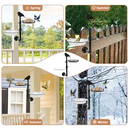 Wall Mounted Bird Feeder Fence Bird Feeder Platform with Metal Seed Tray and 2 Bird Bath Bowls Fence Tree Mount Bird Feeder Porch for Outside, Great for Attracting Wild Bird
