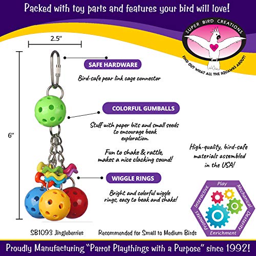Super Bird Creations SB1093 Jingleberries Bird Toy - Colorful Plastic Toy Balls with Bells for Small/Medium Birds - Parrotlets Parakeets Cockatiels - Encourage Beak Health & Dexterity - 6"x 2.5"x 2.5"