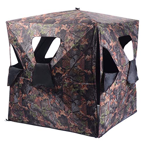 Tangkula 3 Person Pop up Ground Blind, Portable Hunting Blind with Mesh Windows, Carrying Bag & Ground Stakes, Camouflage Hunting Tent with Hub System, Camo Deer Blinds for Hunting - style: Inverted window
