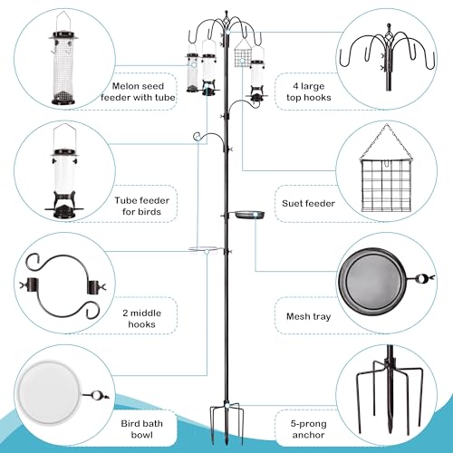 YINGYM 6-Hook Bird Feeding Station, 94 Inch Bird Feeder Pole for Outdoors | Multi-Feeder Kit Stand with 4 Bird Feeders, Bird Bath and Mesh Tray for Attracting Wild Birds - size: 94 Inches without Squirrel Baffle