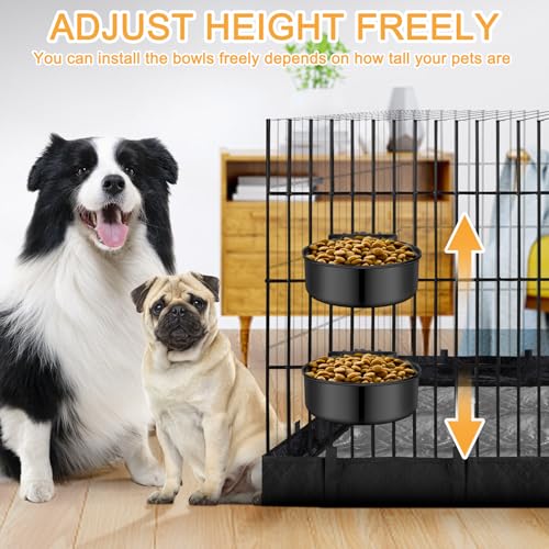 Dog Crate Bowls Hanging No Spill, ShineMe 60oz & 40oz Stainless Steel Dog Kennel Food and Water Bowls Mountable for Large and Medium Pets (7.0 x 3.7” & 6.2 x 2.5”) - color: Black, size: L (7.0x3.7'' & 6.2x2.5'')