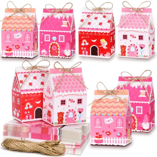 Zhanmai 48 Pcs Valentine's Day Treat Boxes Candy Mini Red Pink Heart House Favor Box Valentine's Day Party Paperboard Gift Boxes for Holiday Party Treat Cookie Goodie Snack Gift Packaging - style: Valentine Day