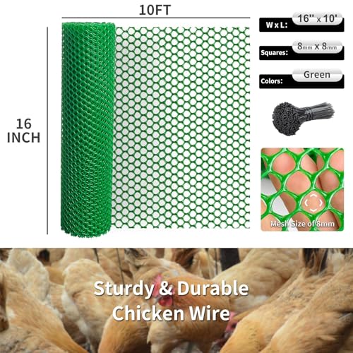 Plastic Wire Mesh Fence 16in x 10Ft Plastic Chicken Wire Mesh for Poultry, Dogs, Rabbit, Snake Barrier & Gardening Versatile Plastic Fencing (16in x 10Ft, Green) - color: Green, size: 16in x 10Ft