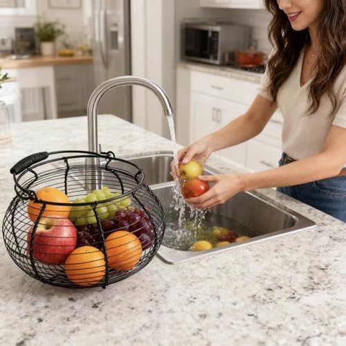 Wire Egg Basket for Gathering Fresh Eggs with Handle | Metal Egg Holder Countertop | Farm Fresh Egg Collecting Basket and Storage Holder | Suitable for Kitchen, Countertop and Farm