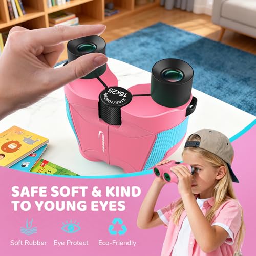 Aurosports 15x25 Compact Binoculars for Kids with Bird Guide Book, Pink | Lightweight Easy Focus with Carrying Case & Strap; Durable Fully Coated; Birdwatching Cruise Travel Gift for 8-12 Boys Girls - color: Pink