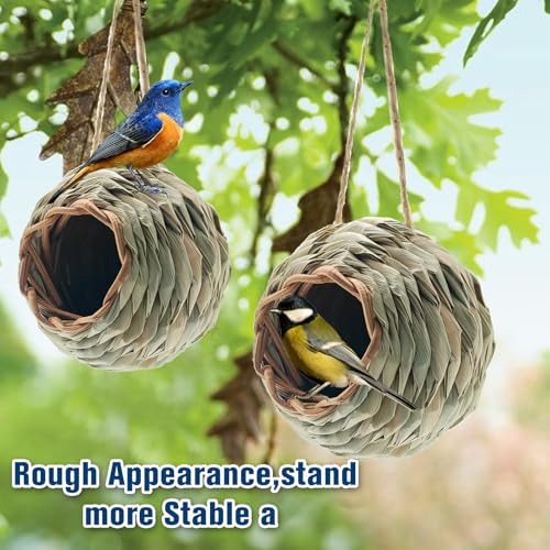 WDEFUN Humming Bird Houses for Outdoor Hanging, Natural Grass Bird Hut,Hand Woven Hummingbird Nest,Wren Finch Bird House for Garden Window Outdoor Home 2 Pack - size: ball shape 2 pcs
