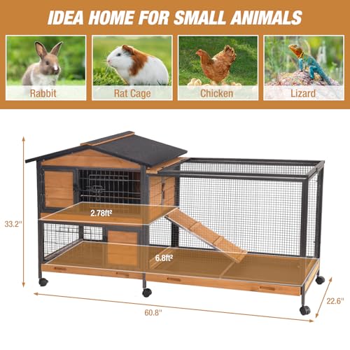Rabbit Hutch Bunny Cage Strong Iron Frame Rabbit Cage Indoor and Outdoor Chicken Coop with Casters Waterproof Roof, Great for Rabbit,Bunny,Guinea Pig,Chickens. - size: 60.8"L x 22.6"W x 33.2"H