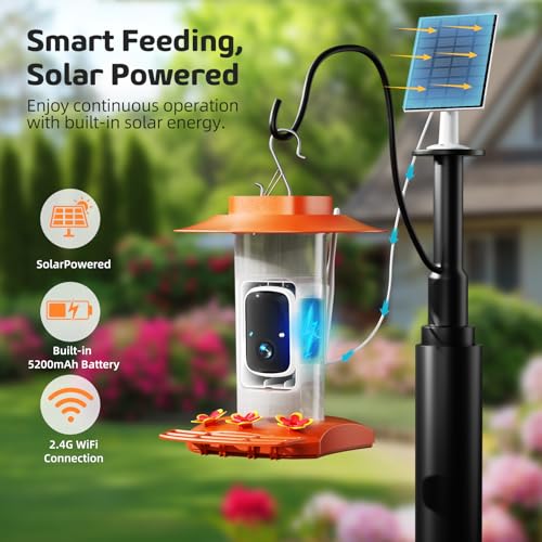 Hummingbird Feeder with Camera Outdoor, Solar Powered Hanging Bird Feeder | Ant Moat & Bee-Proof, AI Bird ID, HD 2K, Instant App Alerts, Auto Capture, Garden Gift for Hummingbird Lover & Mom Dad, 21oz - color: Orange