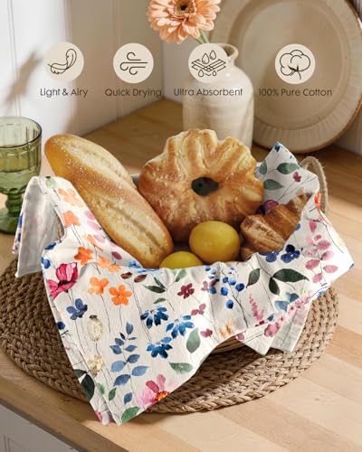 150GSM Flour Sack Kitchen Towels Set of 2, Watercolor Flower | 18"x26", Lightweight, Lint-Free, Pure Cotton, Decorative, with Hanging Loop, Absorbent, Softer after Wash, Giftable Package - color: Wild Flower