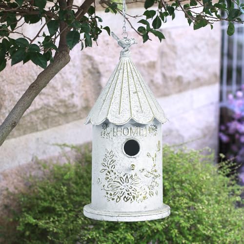 Metal Hanging Birdhouses for Outdoors Bird Houses for Outside Unique Bird Nest for Bluebird Wren Chickadee Sparrow Bird Nest Box for Garden Patio - color: White Gold