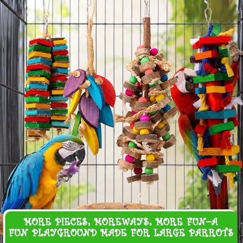 Soulchen 4 Pcs Extra Large Bird Parrot Toy Set Natural Wooden Chewing Toy, Rattan Ball, Wood Nut Loofah String (Bagged) for Large Medium Macaws, African Grey, Parrots (Wood Leaf) - style: Wood Leaf