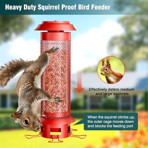 Heavy-Duty Squirrel Proof Bird Feeder, Removable Tray for Easy Cleaning, Weight-Activated Cage, 5 Perches, 4 Lb Capacity, Tube Metal Bird Feeder for Outdoors Cardinals, Finches - color: Red