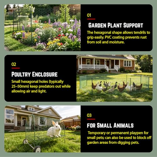 36in×150ft Chicken Wire Roll Hexagonal Netting Galvanized PVC Coated 1in Mesh Garden Poultry Fencing Barrier Animal Plants Hardware Cloth Crafts for/Rabbit/Floral/Chicken Coop/DIY Projects - size: 1in 36in×150ft