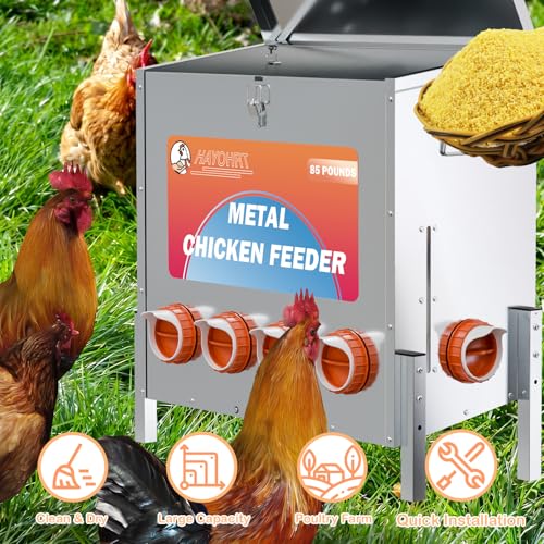 85 Pounds Automatic Chicken Feeder 6 Ports Large Gravity Fed Chicken Feeder with Adjustable Legs Perspective Window Latch & Handle for Chickens Bantams Pheasants - size: 6 Ports - 85-120 LBS