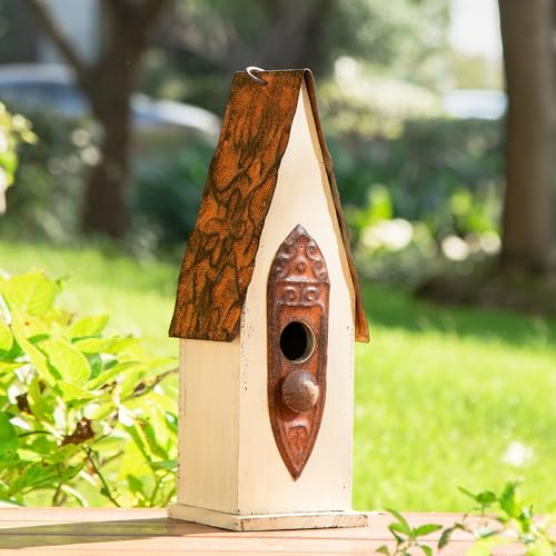 Glitzhome 13.25" Hanging Birdhouse for Outside, Washed White Distressed Solid Wood - Spring Ready Nesting Box & Christmas Garden Gift Idea