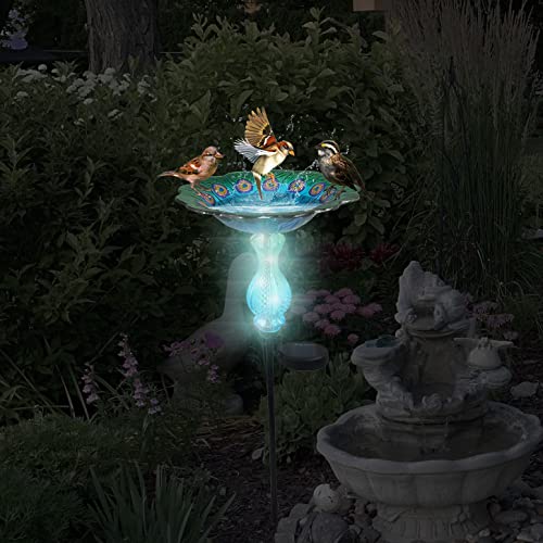 John's Studio Peacock Bird Bath for Outdoor - Glass Bowl Solar Light Cage Outside Dish Bird Feeder with Metal Stake for Garden, Yard and Patio - 32 inches - color: Peacock Stake