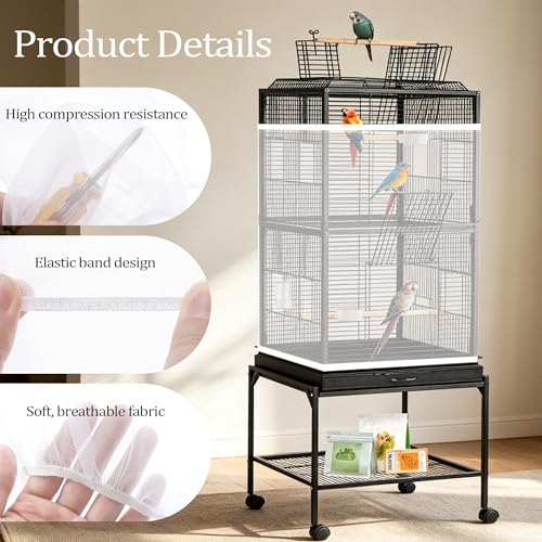 Bird Cage Cover, Circumference 40-68 inches Bird Cage Seed Catcher, White Bird Cage Net Cover, Adjustable Bird Cage Netting for Parrot Enclosures, Round Square Cages