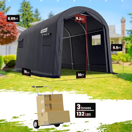 KING BIRD 10' x 15' Round Style Garage Carport Shelter Heavy Duty Storage Shelter Portable Canopy Shed with Roll-up Ventilated Windows for Boat, Patio Furniture and Lawn Mower-Dark Gray - size: 10'X15'